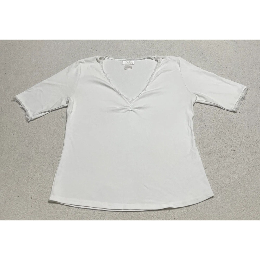 Soft Surroundings Top Women's Medium White Short Sleeve V Neck Pullover Blouse